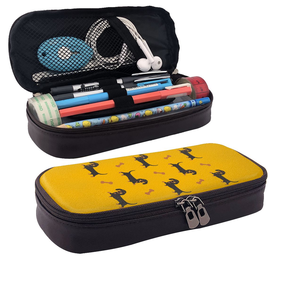Tan Stationery & Office Supply - Czarno-brązowy piórnik ze skóry z motywem